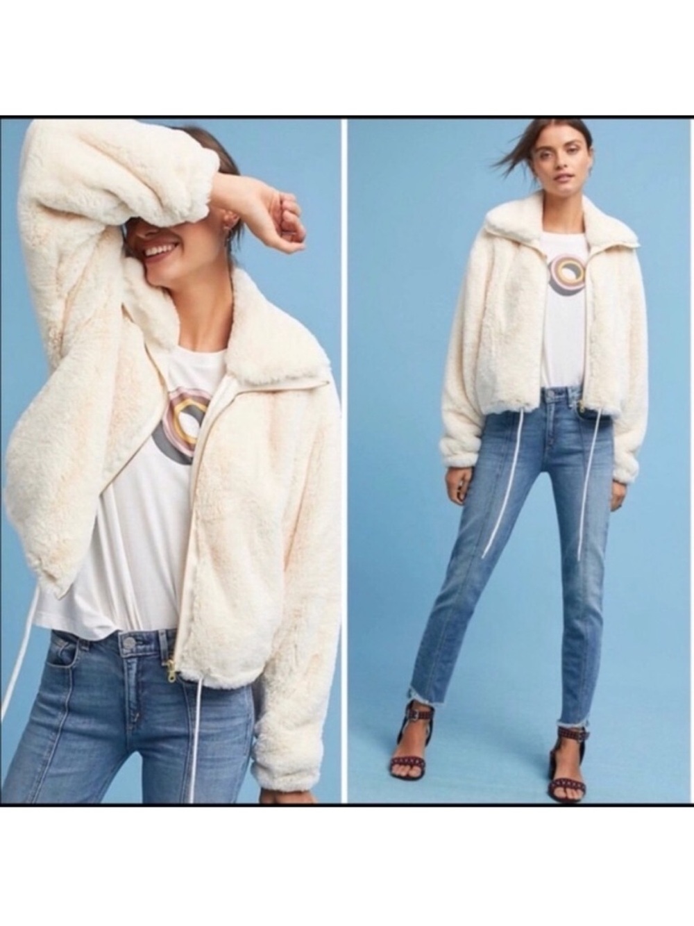 Elevenses Cream Faux Fur Zip up Jacket